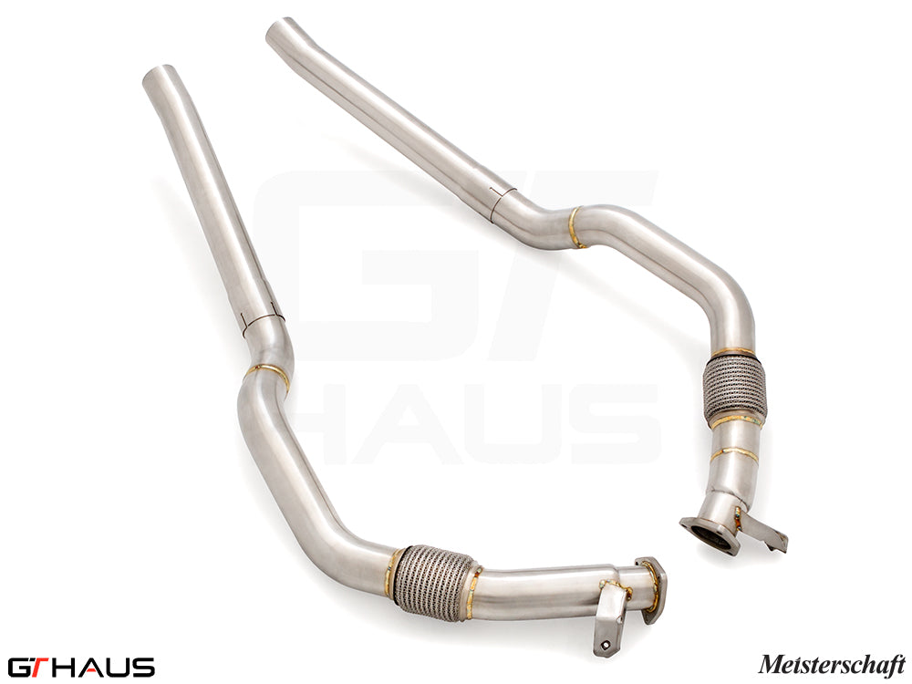 Audi RS6 Avant C8 2019+ front pipe featuring a resonator delete, crafted from high-quality stainless steel for enhanced performance.