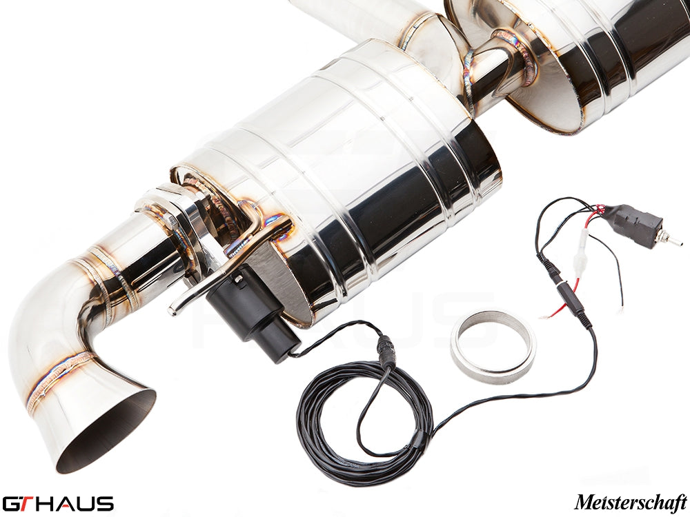 Premium performance exhaust system for Audi TT MK II TTRS, featuring electronic valve control and stainless steel construction.