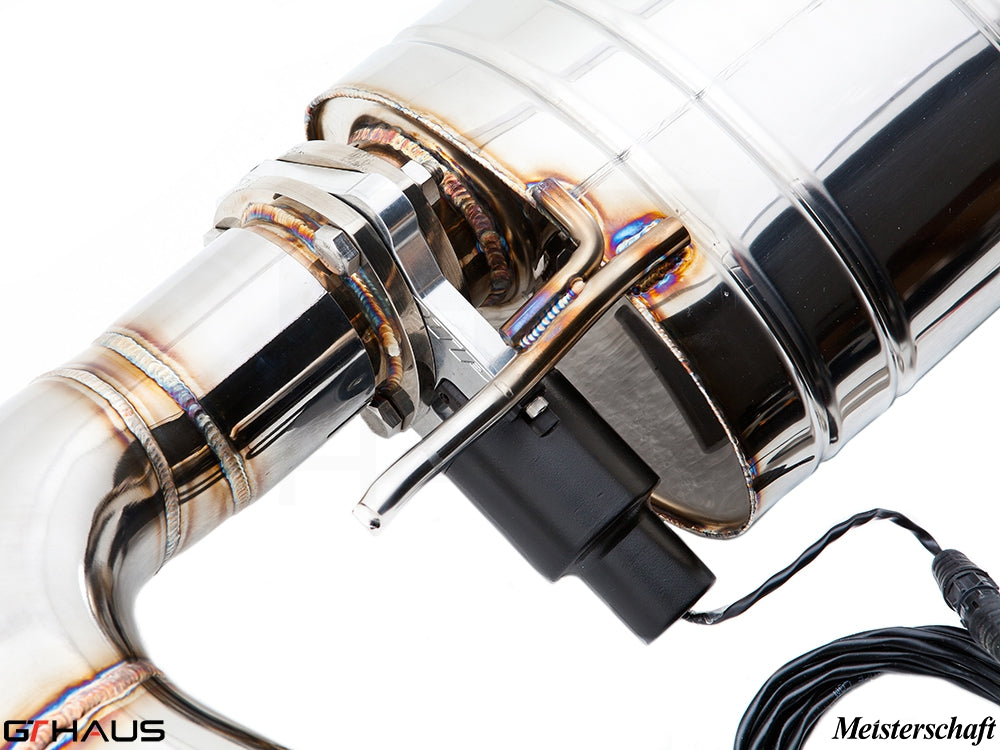 Premium exhaust system for Audi TT MK II TTRS featuring polished stainless steel and electronic valve control.