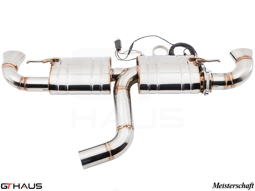 Premium stainless steel exhaust system for Audi TT MK II TTRS, featuring dual tips and electronic valve control.