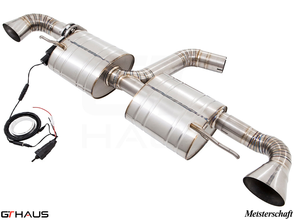 Premium performance exhaust system for Audi TT MK II TTRS, featuring stainless steel construction and electronic valve control.
