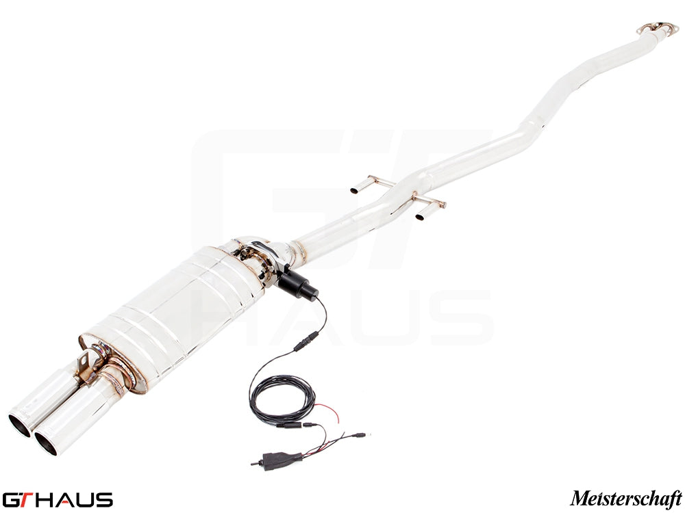 Premium exhaust system for BMW E30 M3 2.3L I-4, featuring Meisterschaft design and electronic valve control.