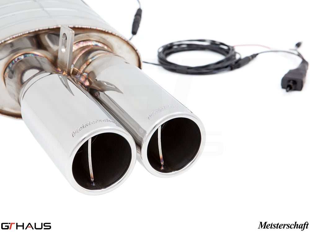 Premium exhaust system for BMW E30 M3 2.3L I-4, featuring dual polished tips and electronic valve control.