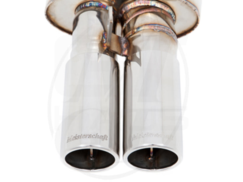 Premium exhaust tips for BMW E30 M3 2.3L I-4, showcasing Meisterschaft craftsmanship and polished stainless steel finish.