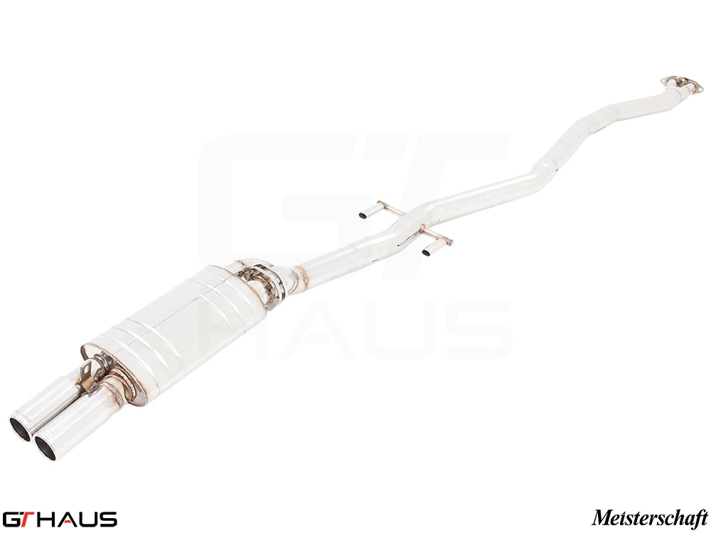 Premium performance exhaust system for BMW E30 M3 2.3L I-4, featuring stainless steel construction and dual tips.