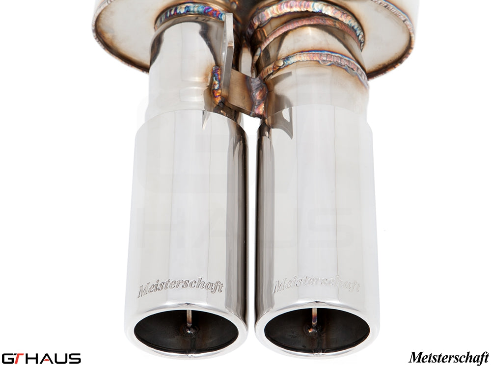 Premium Meisterschaft exhaust tips for BMW E30 M3 2.3L I-4, showcasing polished stainless steel finish and craftsmanship.