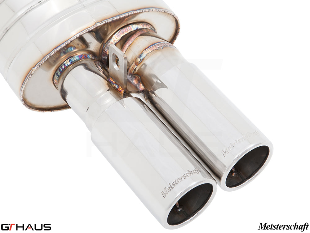 Premium Meisterschaft exhaust for BMW E30 M3, featuring dual polished stainless steel tips for enhanced performance.