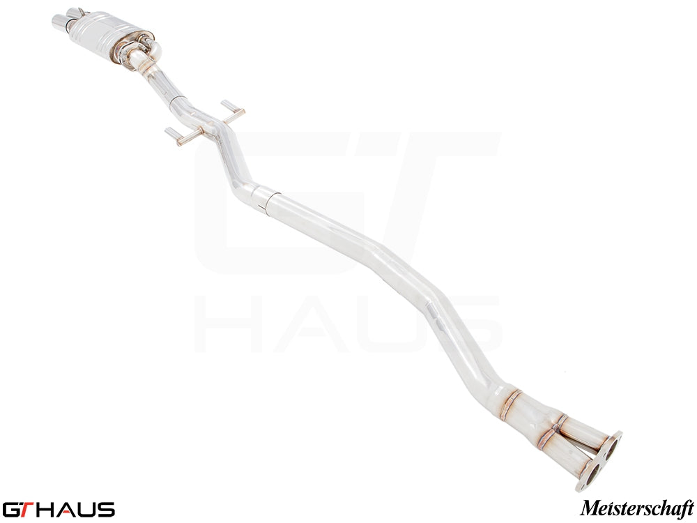 Premium performance exhaust system for BMW E30 M3 2.3L I-4, featuring stainless steel construction and Meisterschaft branding.