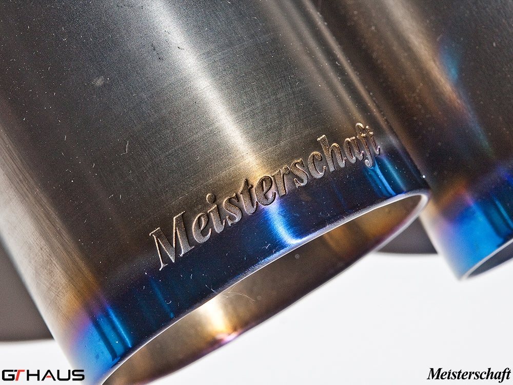 Meisterschaft exhaust tips for BMW E36/7, E36/8 Z3M, showcasing premium craftsmanship and polished finish.