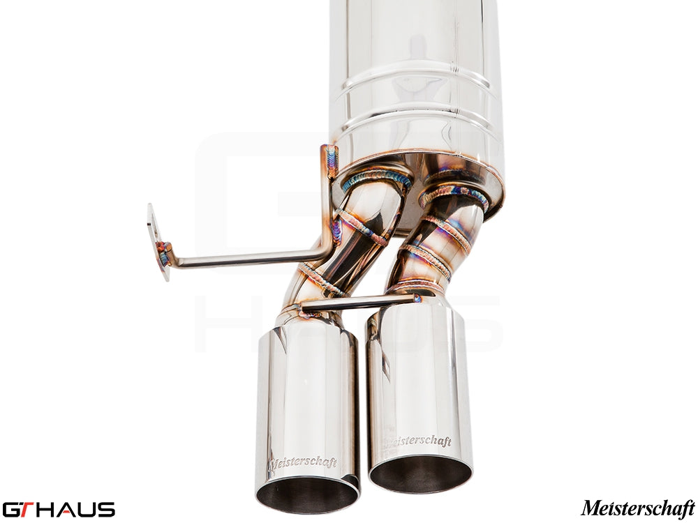 Meisterschaft exhaust system for BMW E36/7, E36/8 Z3M, featuring polished stainless steel tips and precision welding.