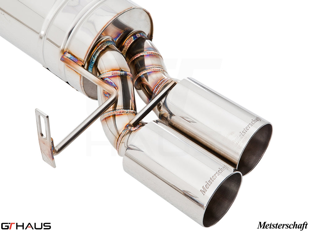 Premium Meisterschaft exhaust system for BMW E36/7, E36/8 Z3M featuring polished stainless steel tips and precision welds.