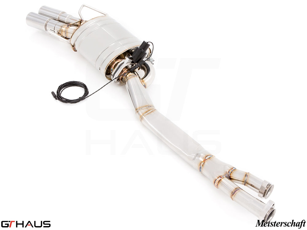 Premium performance exhaust system for BMW E36 M3 3.0L/3.2L Coupe/Cabrio, featuring electronic valve control and stainless steel construction.