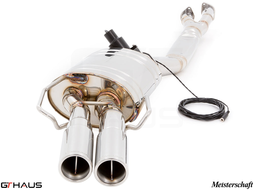 Premium performance exhaust system for BMW E36 M3 3.0L/3.2L Coupe/Cabrio, featuring dual polished tips and electronic valve control.