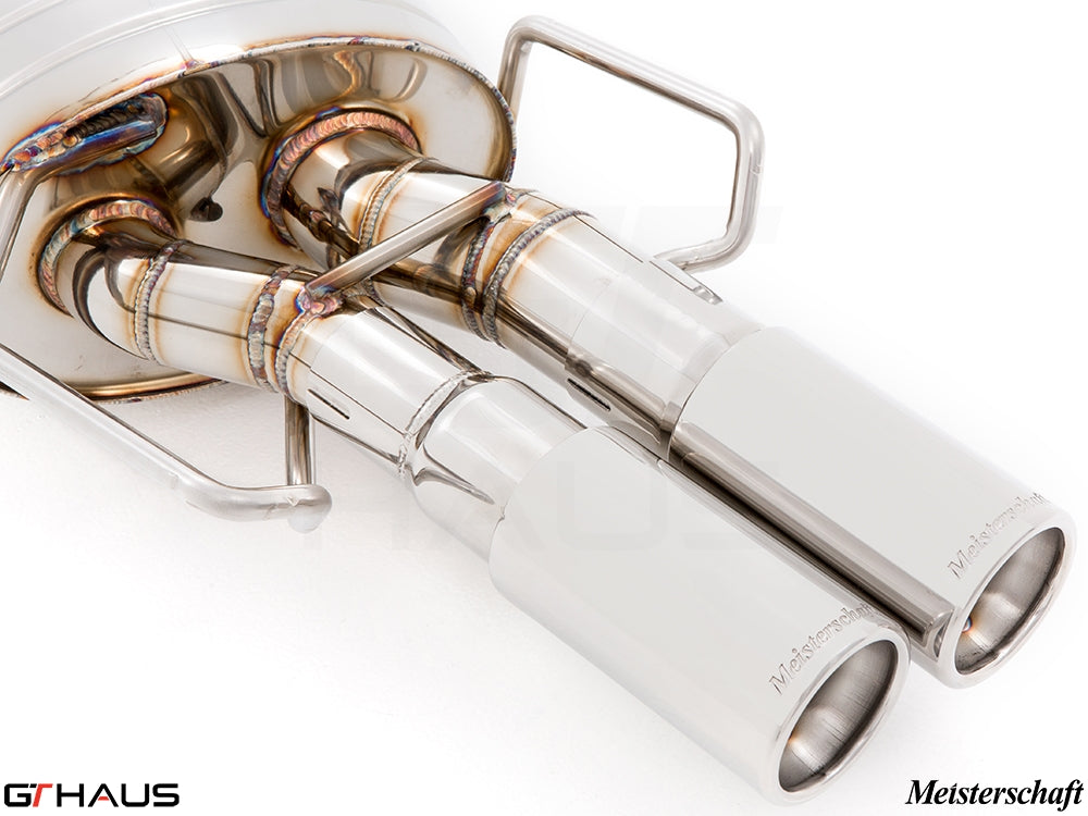 Premium Meisterschaft exhaust system for BMW E36 M3 3.0L/3.2L, featuring polished dual tips and precision welding.
