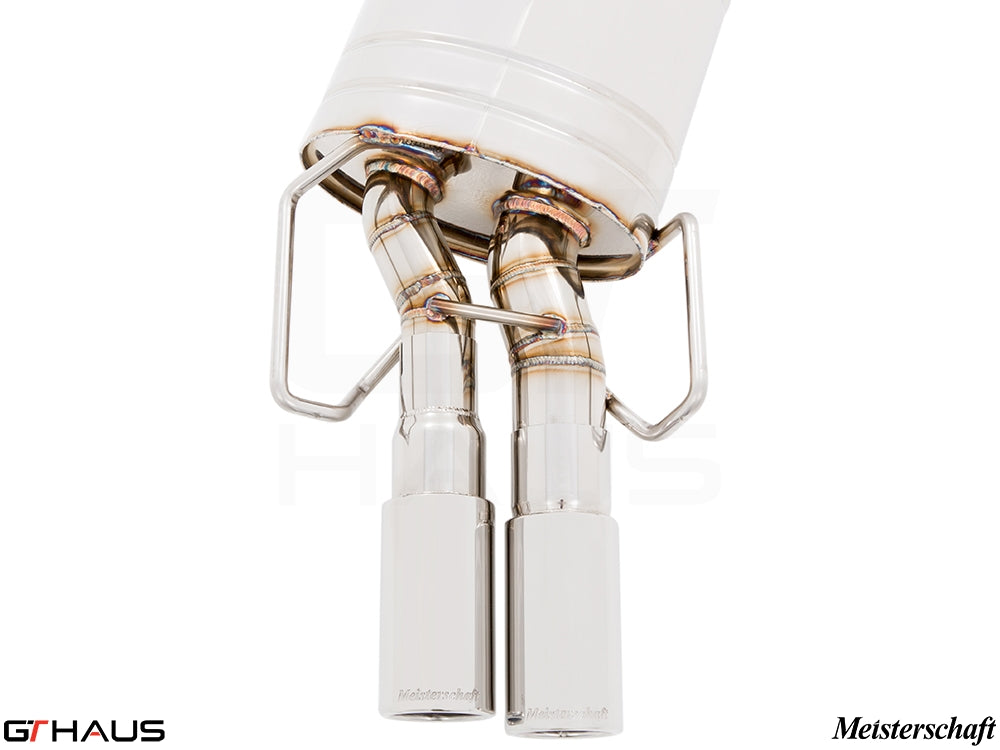 Premium Meisterschaft exhaust system for BMW E36 M3 3.0L/3.2L Coupe/Cabrio, showcasing polished dual tips and precise welding.