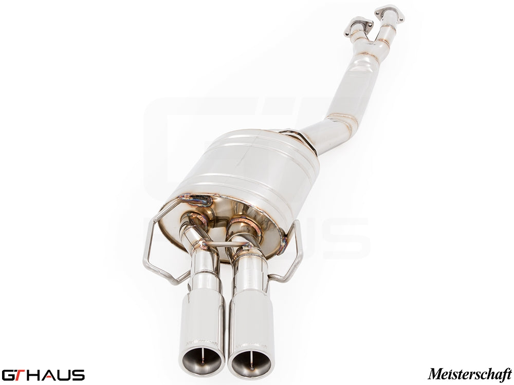 Premium performance exhaust system for BMW E36 M3 3.0L/3.2L Coupe/Cabrio, featuring dual polished tips and stainless steel construction.