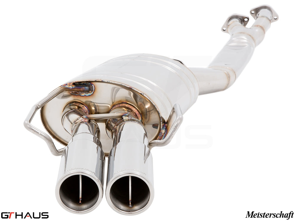 Premium exhaust system for BMW E36 M3 3.0L/3.2L Coupe/Cabrio, featuring dual polished tips and stainless steel construction.