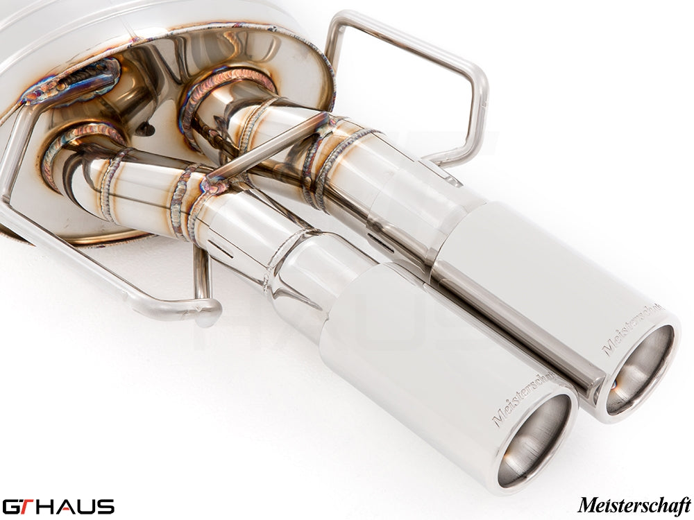 Premium Meisterschaft exhaust system for BMW E36 M3 3.0L/3.2L, featuring dual polished tips and stainless steel construction.