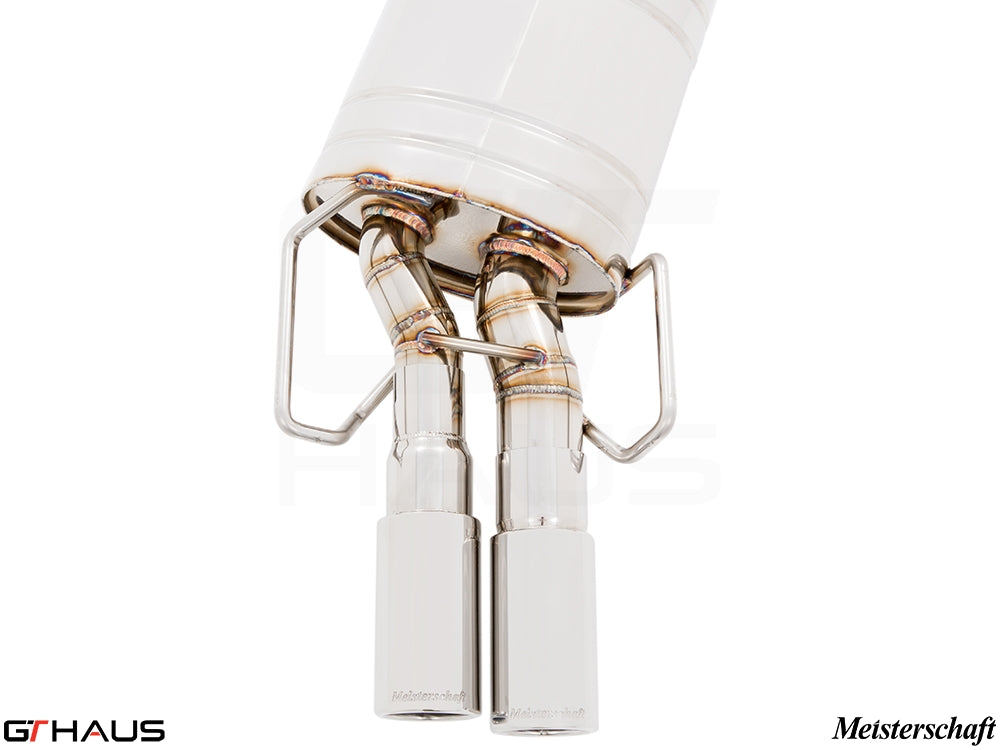 Premium Meisterschaft exhaust system for BMW E36 M3 3.0L/3.2L, featuring dual polished tips and high-quality craftsmanship.