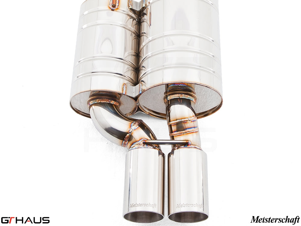 Premium Meisterschaft exhaust system for BMW E39 5 Series 525i/530i, featuring polished stainless steel and dual tips.