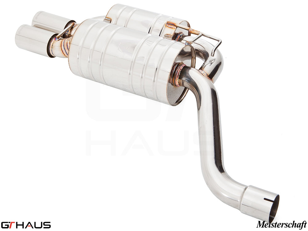 Premium Meisterschaft exhaust system for BMW E39 5 Series 525i/530i, featuring polished stainless steel construction.