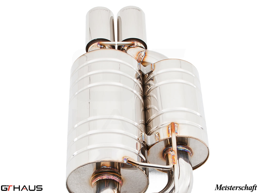 Premium stainless steel exhaust system for BMW E39 5 Series 525i/530i, featuring dual tips and polished finish.