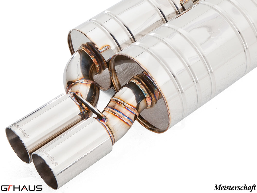 Premium stainless steel exhaust system for BMW E39 528i, featuring dual tips and precision craftsmanship.