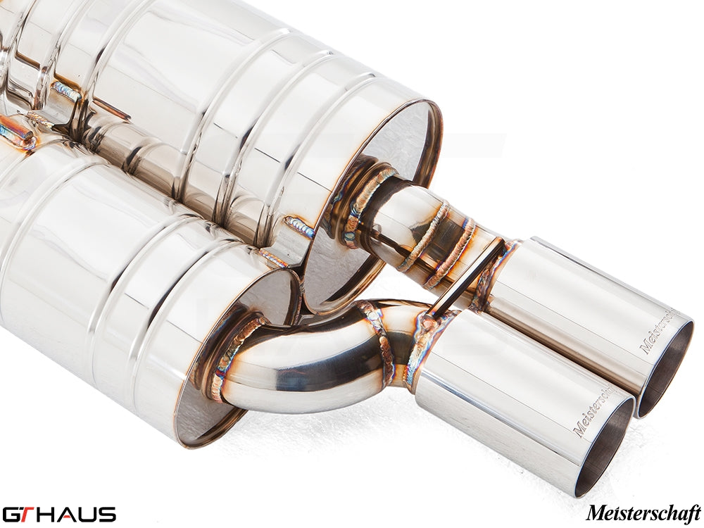 Premium Meisterschaft exhaust system for BMW E39 528i, featuring polished stainless steel construction and dual tips.