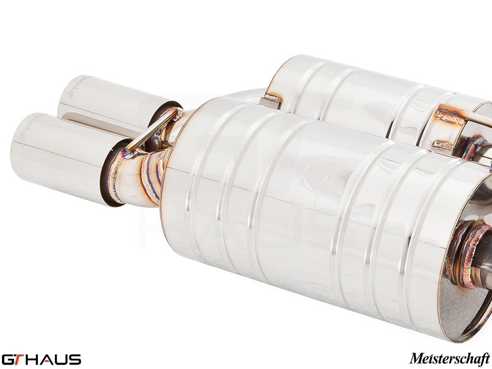 Premium Meisterschaft exhaust system for BMW E39 528i, featuring polished stainless steel and dual tips for enhanced performance.