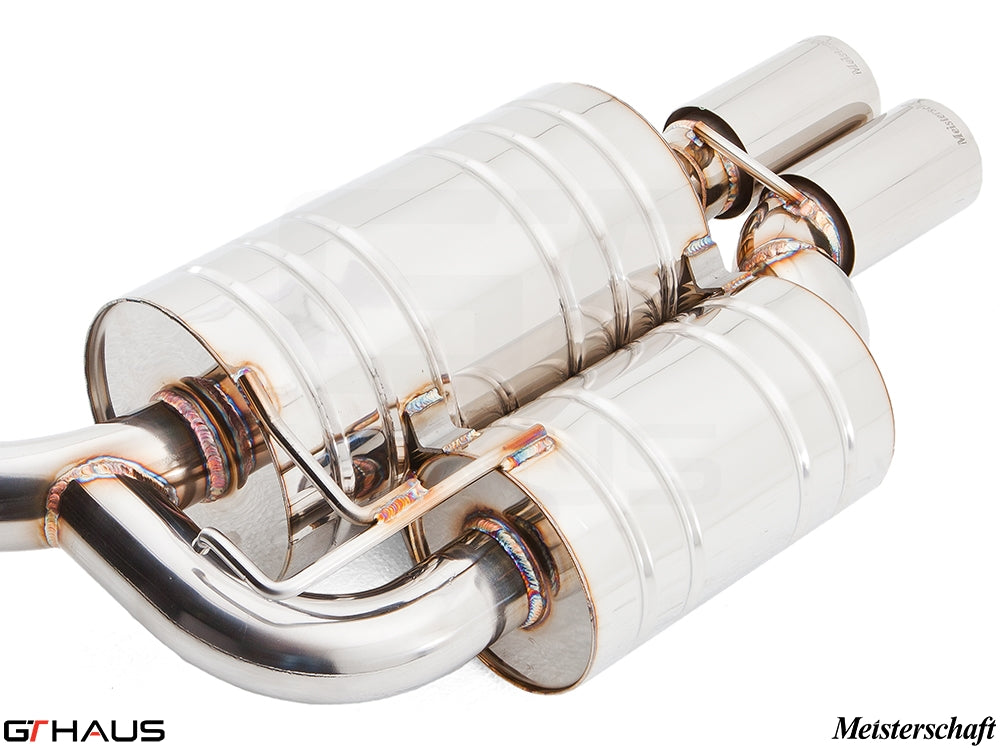 Premium Meisterschaft exhaust system for BMW E39 528i, featuring polished stainless steel construction and dual tips.