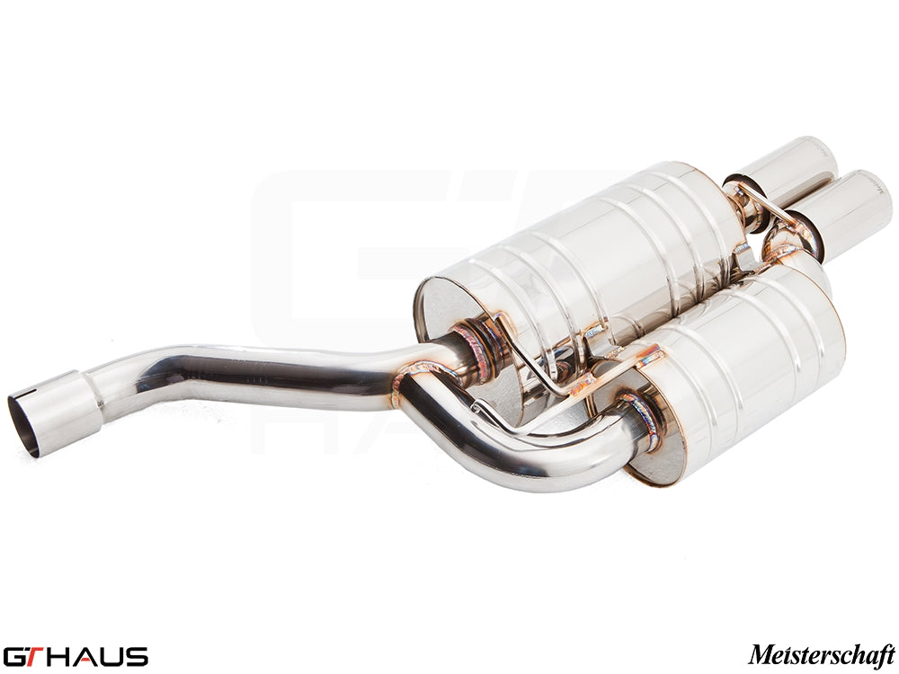 Premium performance exhaust system for BMW E39 540i V8, featuring stainless steel construction and dual tips.