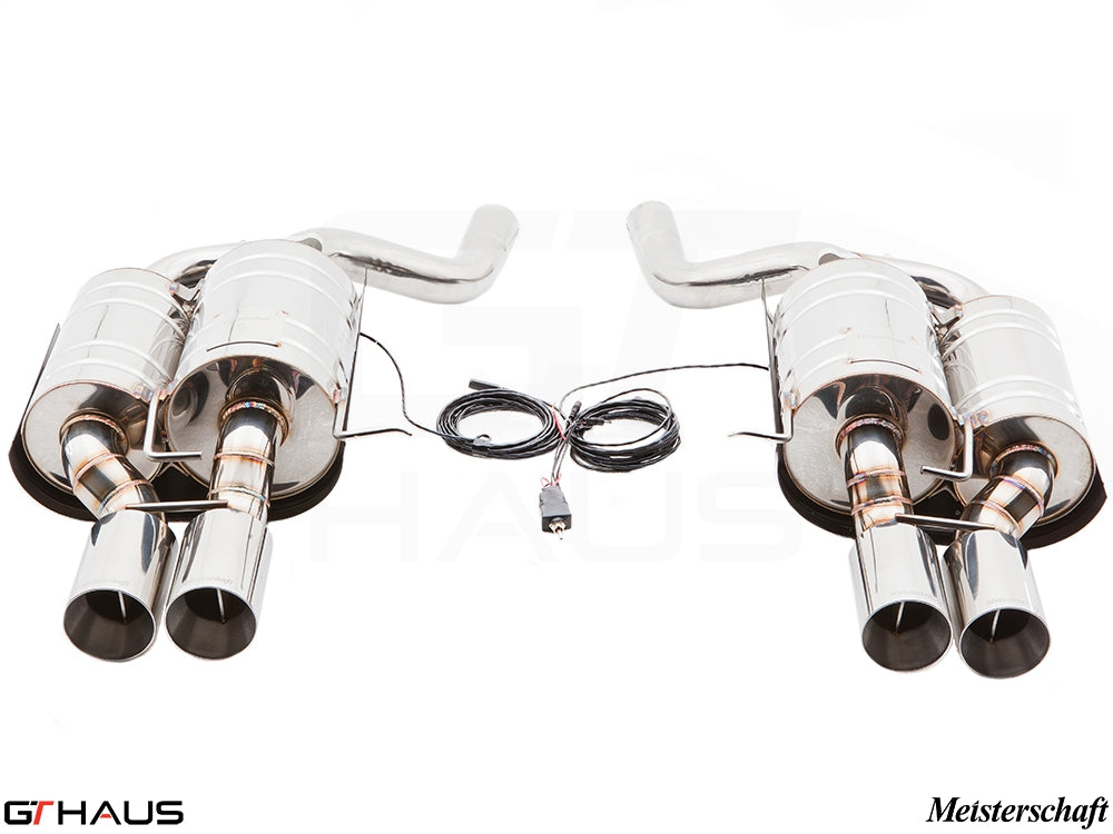 Premium exhaust system for BMW E39 M5 V8 Sport Sedan, featuring polished stainless steel tips and electronic valve control.