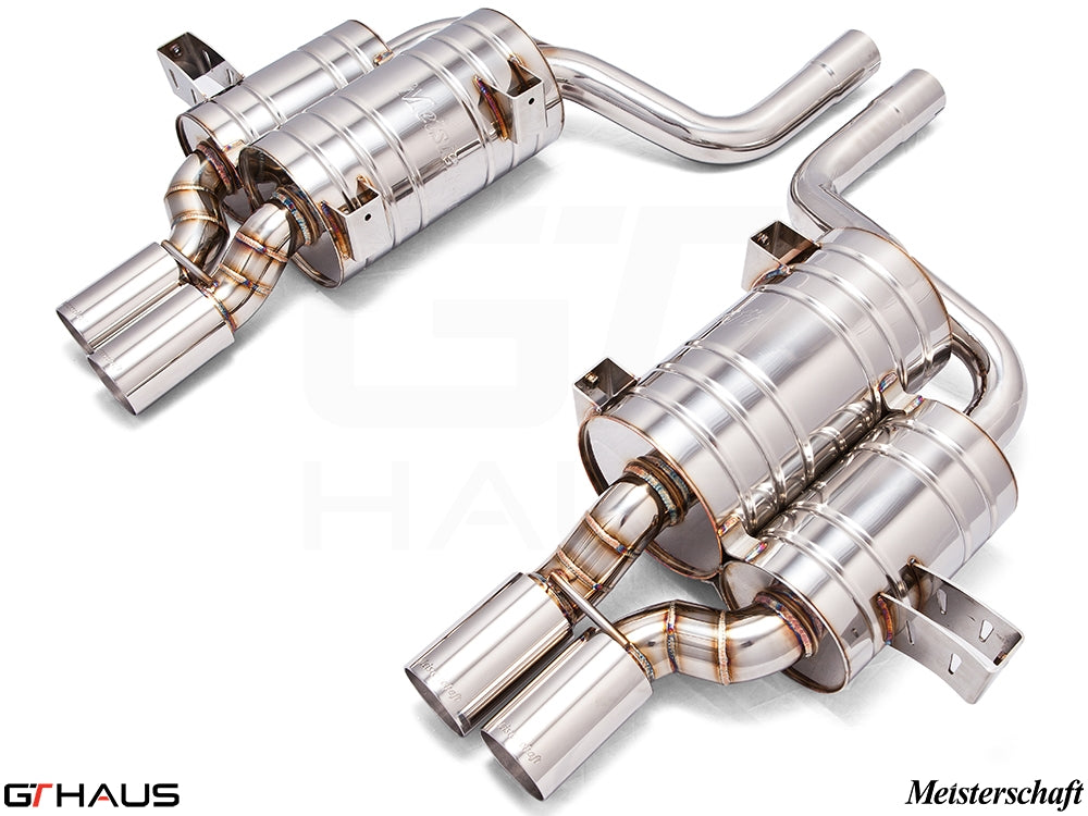 Premium Meisterschaft exhaust system for BMW E39 M5 V8 Sport Sedan, featuring polished stainless steel construction and dual tips.