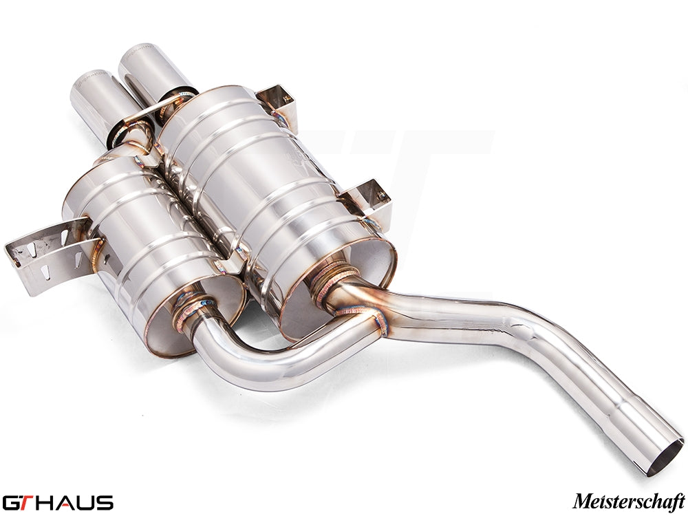 Premium Meisterschaft exhaust system for BMW E39 M5 V8 Sport Sedan, featuring stainless steel construction and dual tips.