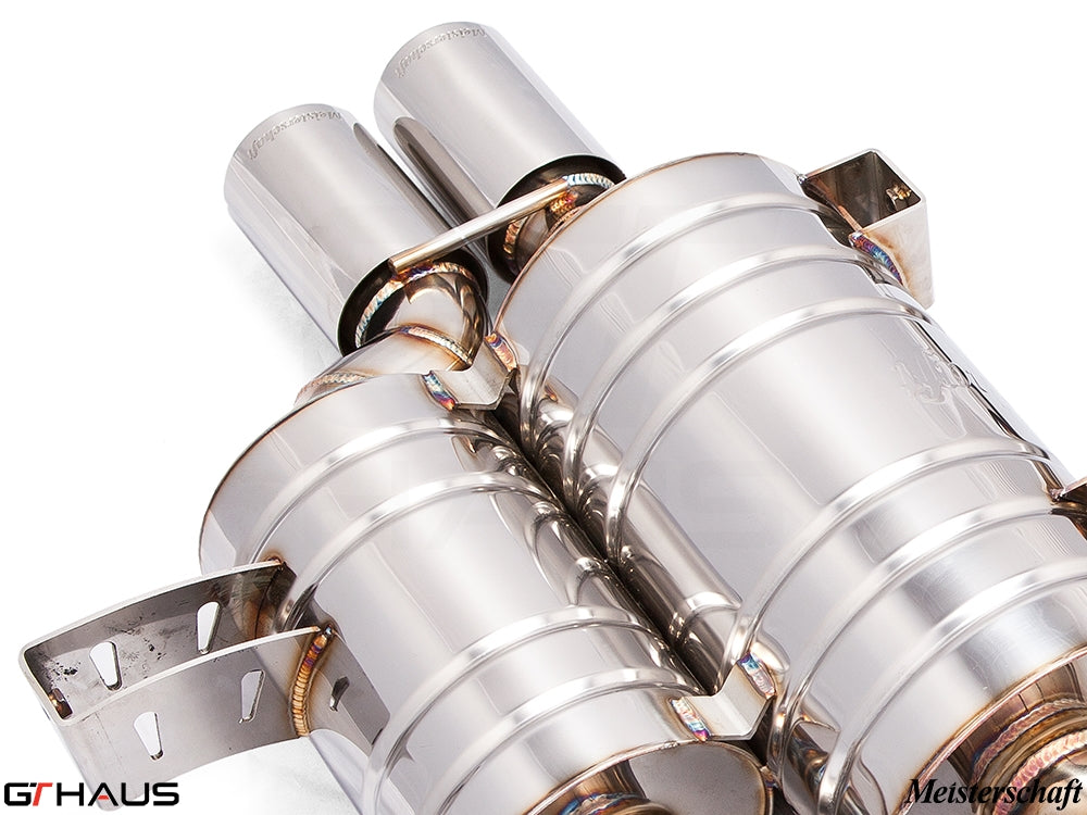 Premium stainless steel exhaust system for BMW E39 M5 V8, featuring dual tips and precision craftsmanship.