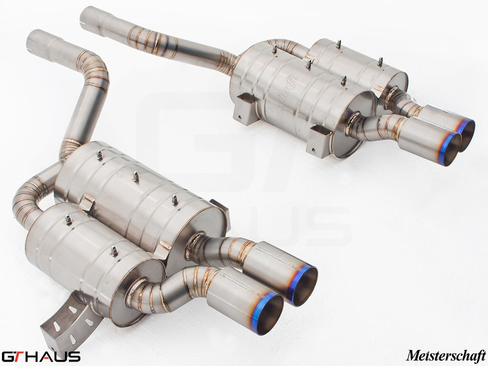 Premium Meisterschaft exhaust system for BMW E39 M5 V8, featuring stainless steel construction and dual tips.