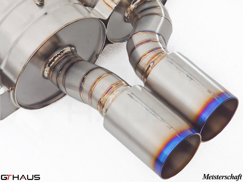 Premium exhaust system for BMW E39 M5 V8, featuring polished stainless steel tips and precision welds.