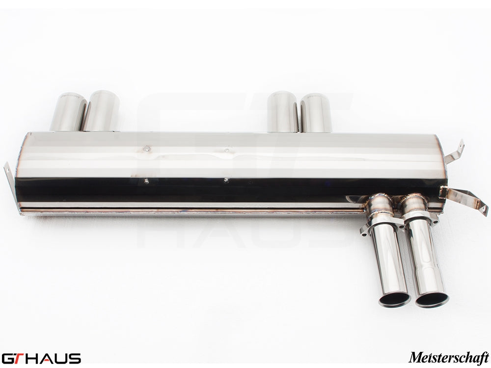 Premium stainless steel exhaust system for BMW E46 M3 3.2L, featuring dual tips and Meisterschaft branding.