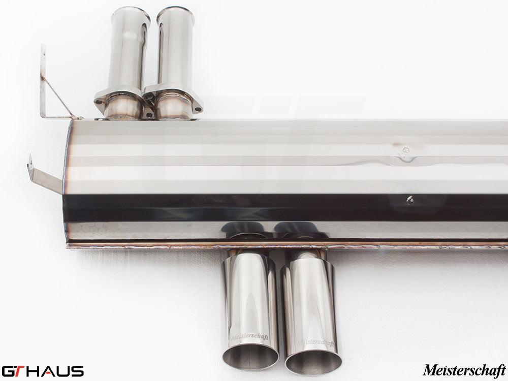 Premium Meisterschaft exhaust system for BMW E46 M3 3.2L, featuring polished stainless steel tips and electronic valve control.