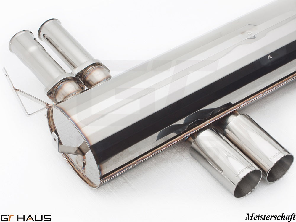 Premium Meisterschaft exhaust system for BMW E46 M3 3.2L, featuring polished stainless steel tips and advanced design.