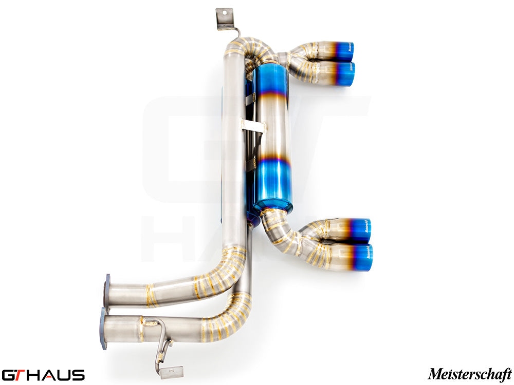 Premium exhaust system for BMW E46 M3 3.2L featuring stainless steel construction and vibrant blue tips.