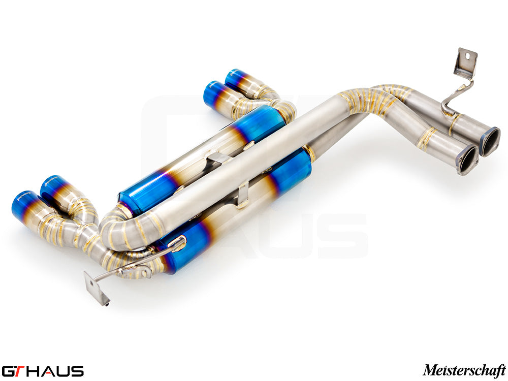 Premium exhaust system for BMW E46 M3 3.2L, featuring stainless steel construction and vibrant blue titanium accents.