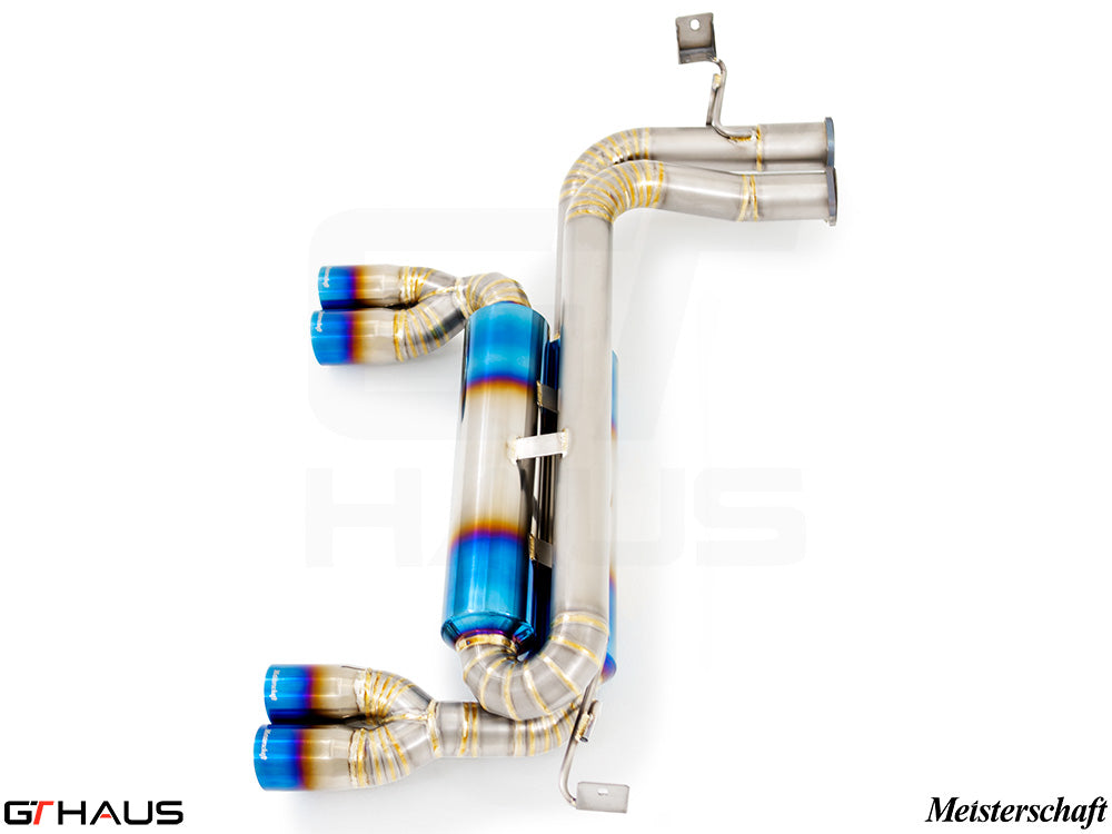 Premium Meisterschaft exhaust system for BMW E46 M3 3.2L, featuring stainless steel construction and vibrant blue tips.