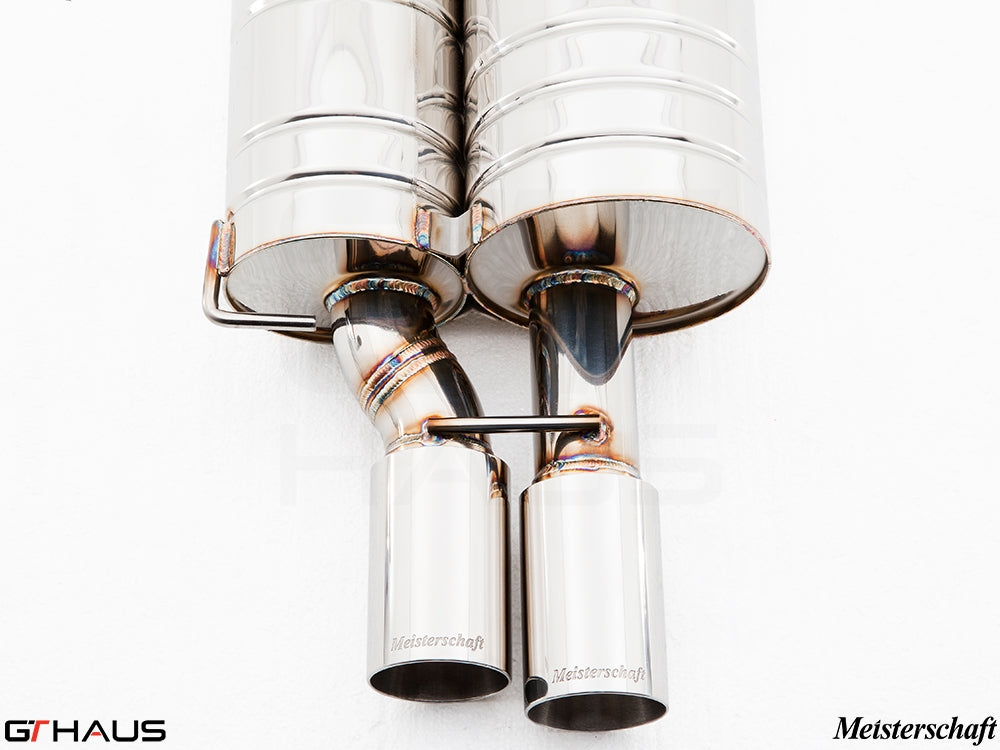 Premium Meisterschaft exhaust system for BMW E60/61 5 Series, featuring polished stainless steel and dual tips.