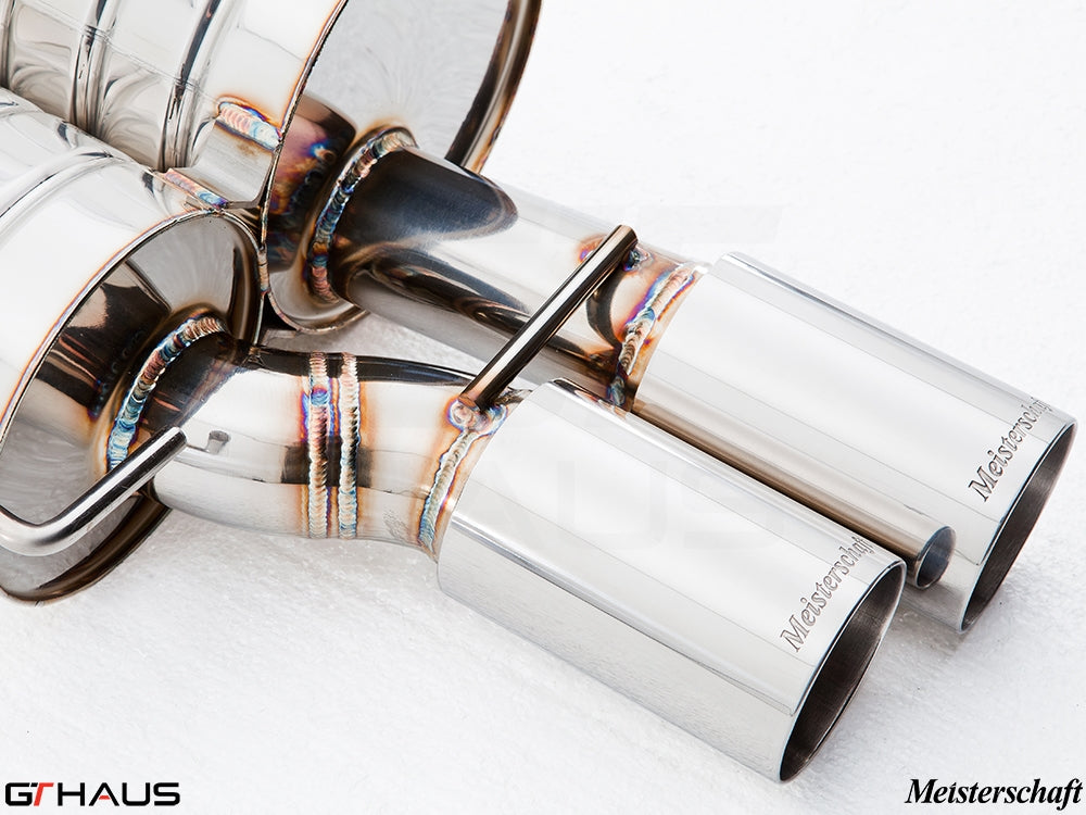 Premium Meisterschaft exhaust system for BMW E60/61 5 Series, featuring polished stainless steel tips and precision welding.
