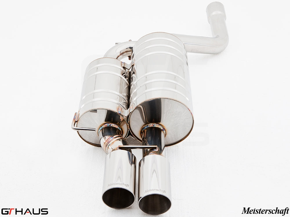 Premium performance exhaust system for BMW E60/61 5 Series, featuring polished stainless steel construction and dual tips.