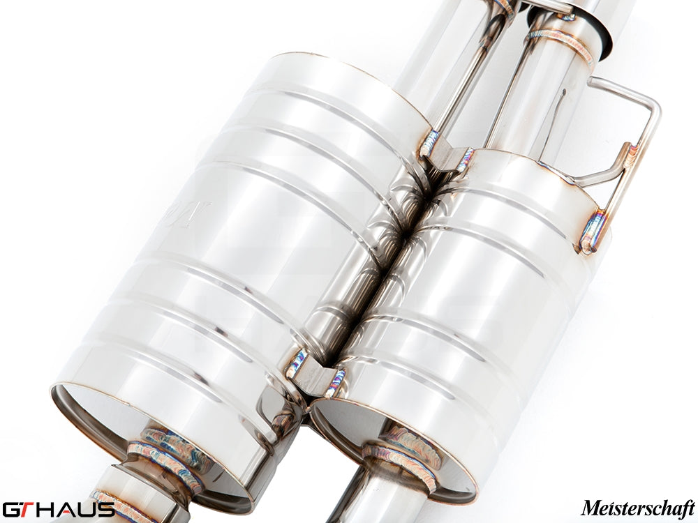 Premium stainless steel exhaust system for BMW E60/61 535i/xi, featuring precision welding and sleek design.