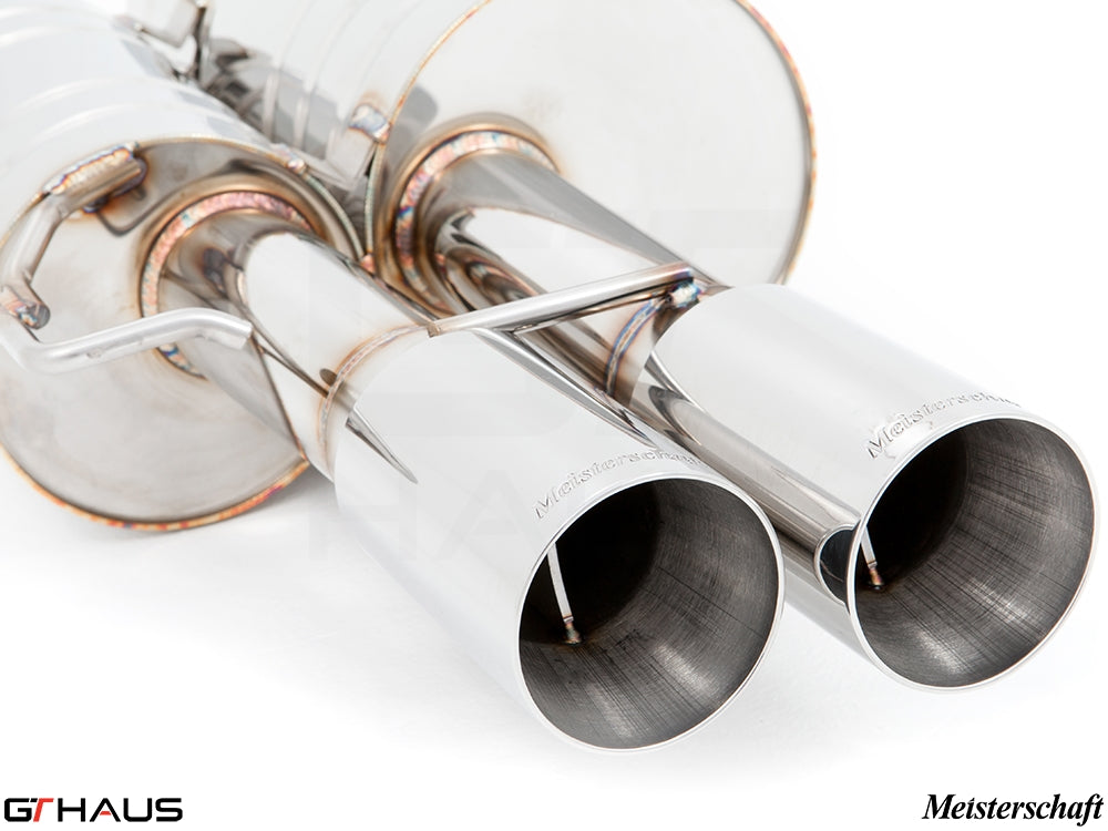 Premium Meisterschaft exhaust tips for BMW E60/61 545i, showcasing polished stainless steel finish and precision craftsmanship.