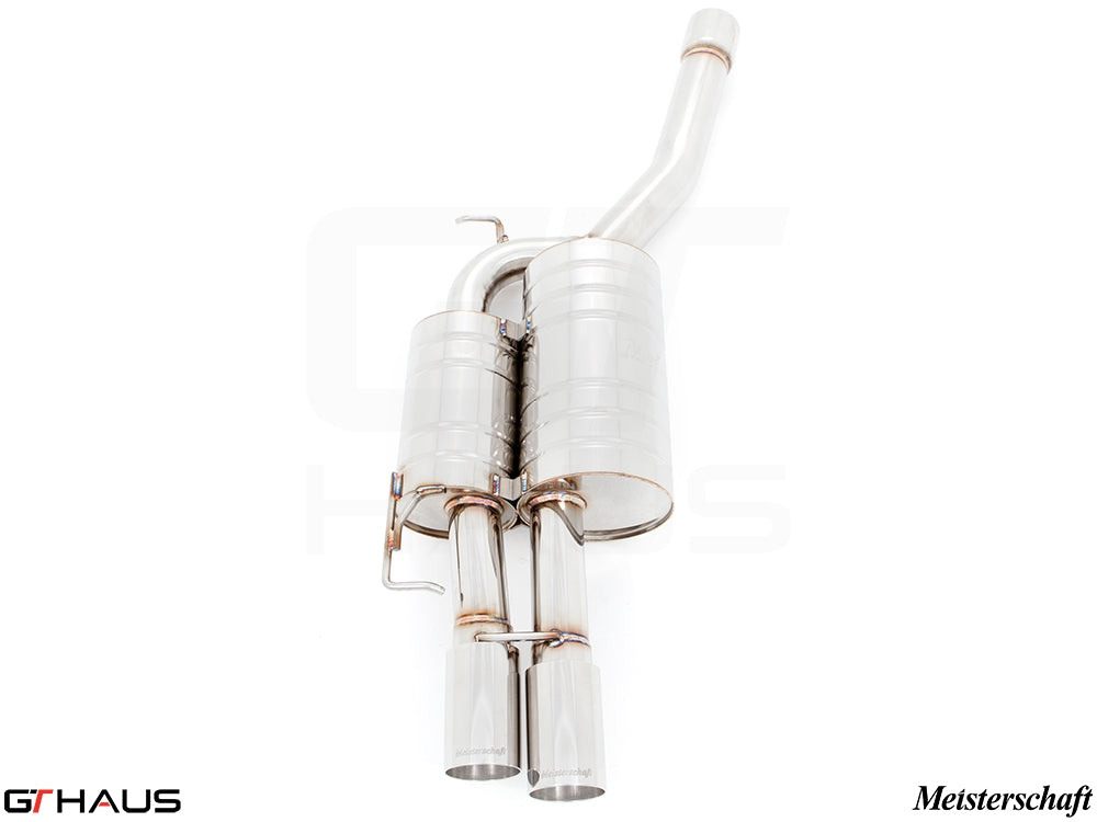 Premium Meisterschaft exhaust system for BMW E60/61 545i, featuring polished stainless steel construction and dual tips.