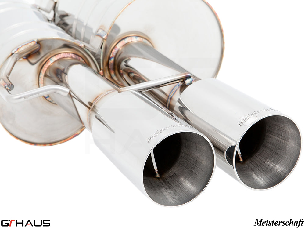 Premium Meisterschaft exhaust tips for BMW E60/61 550i, showcasing polished stainless steel finish and precision craftsmanship.